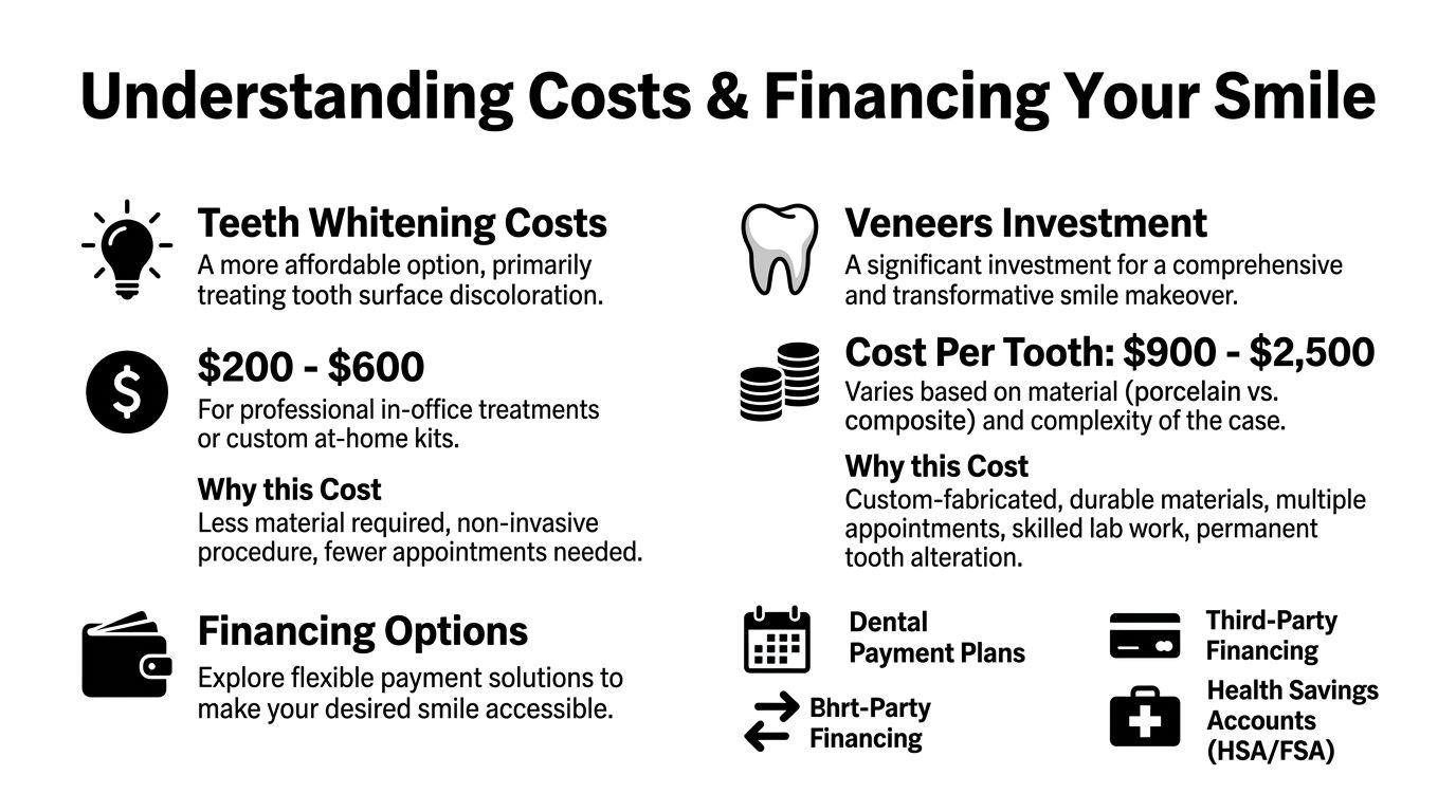 A dental infographic comparing costs and financing options for professional teeth whitening and dental veneers treatments.