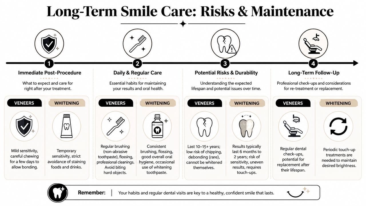 A dental guide comparing long-term maintenance, risks, and post-procedure care for veneers versus teeth whitening treatments.
