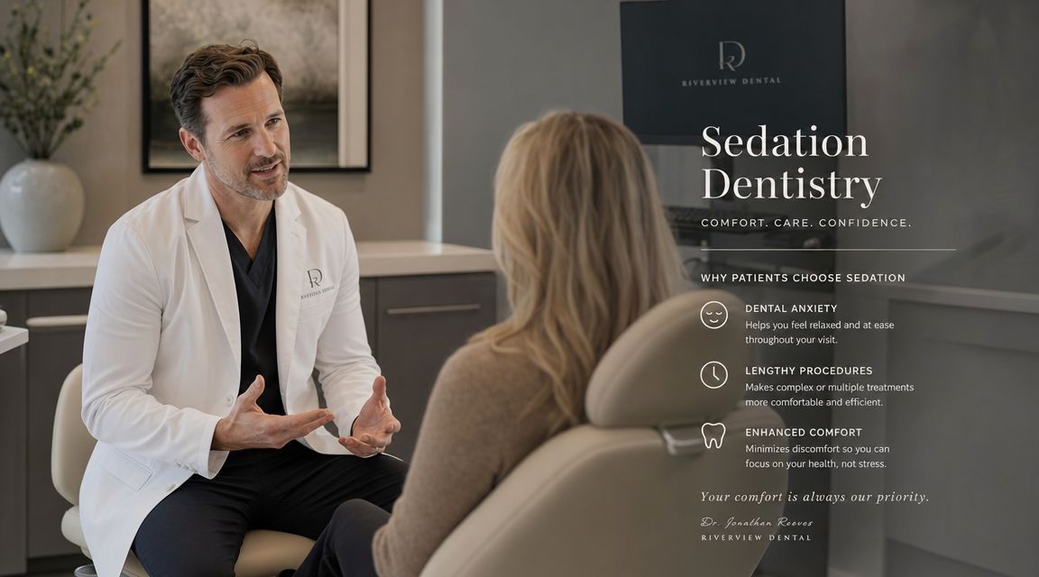 A professional dentist discussing sedation dentistry options with a female patient in a modern dental office setting.