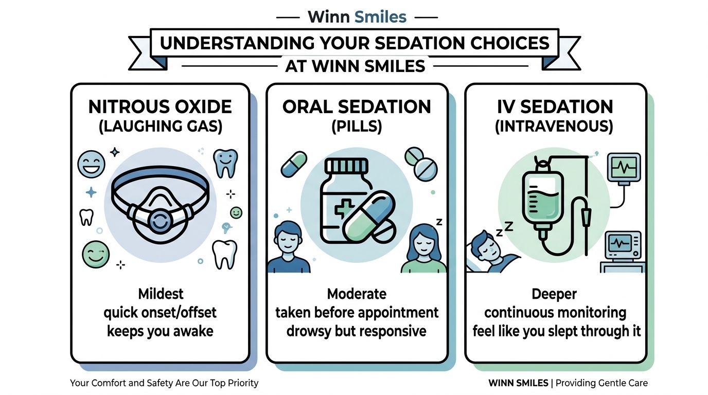 An infographic from Winn Smiles explaining three different dental sedation options: Nitrous Oxide, Oral Sedation, and IV Sedation.
