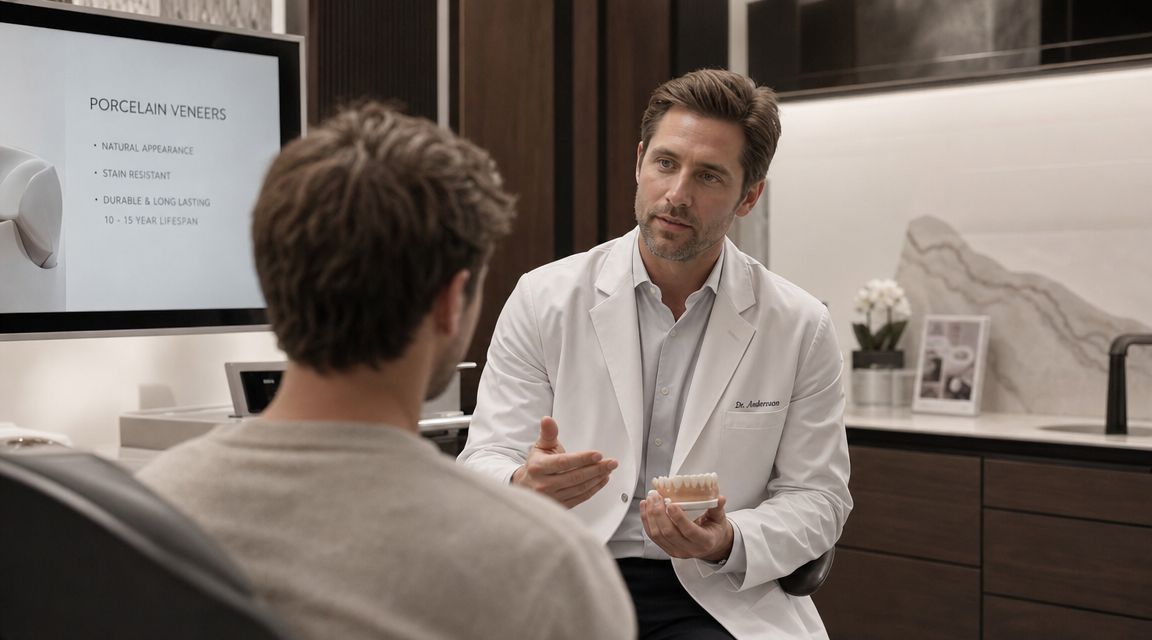 A professional dentist discussing porcelain veneer treatment options with a patient in a modern dental office.