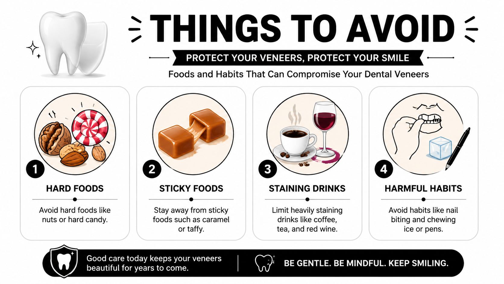 An infographic detailing four things to avoid for dental veneer maintenance, including hard foods, sticky foods, staining drinks, and harmful habits.