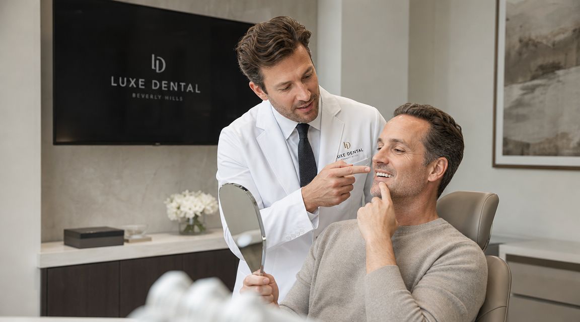 A dentist explains dental care to a patient who is inspecting his new veneers in a mirror.