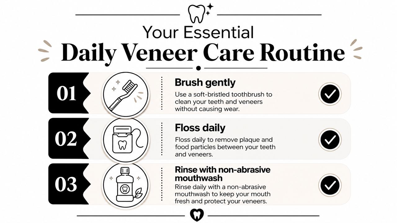 An infographic titled Your Essential Daily Veneer Care Routine illustrating three steps: brush gently, floss daily, and rinse.