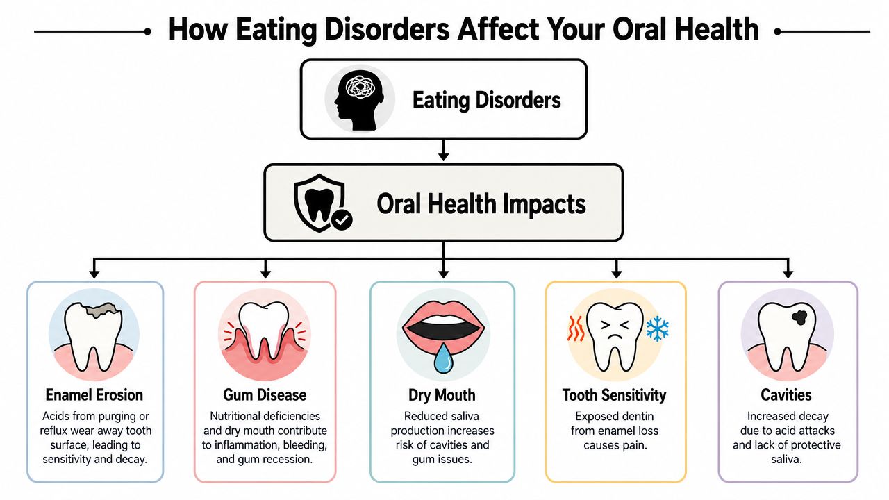 A flowchart showing how eating disorders negatively impact oral health, including enamel erosion, gum disease, and cavities.