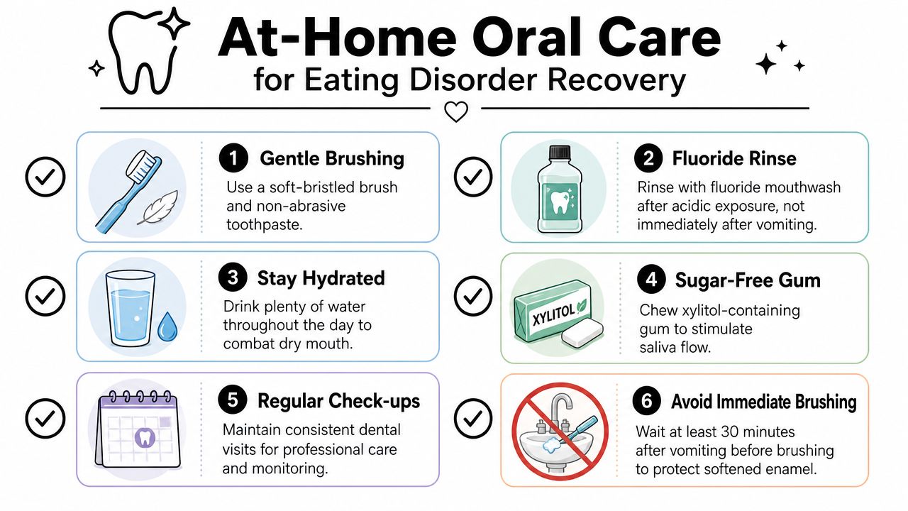 An infographic titled At-Home Oral Care for Eating Disorder Recovery outlining six essential dental health tips.