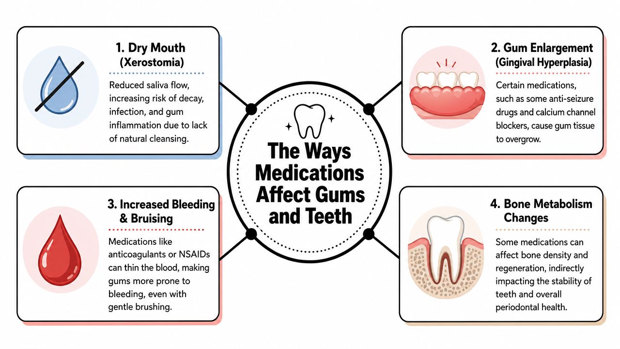 An infographic detailing four primary ways medications can negatively impact gum and tooth health.