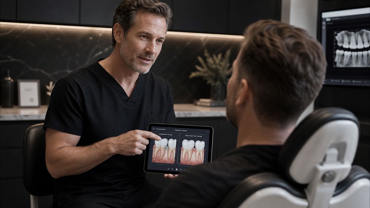 A professional dentist discussing dental treatment options using a digital tablet with a patient in an office.