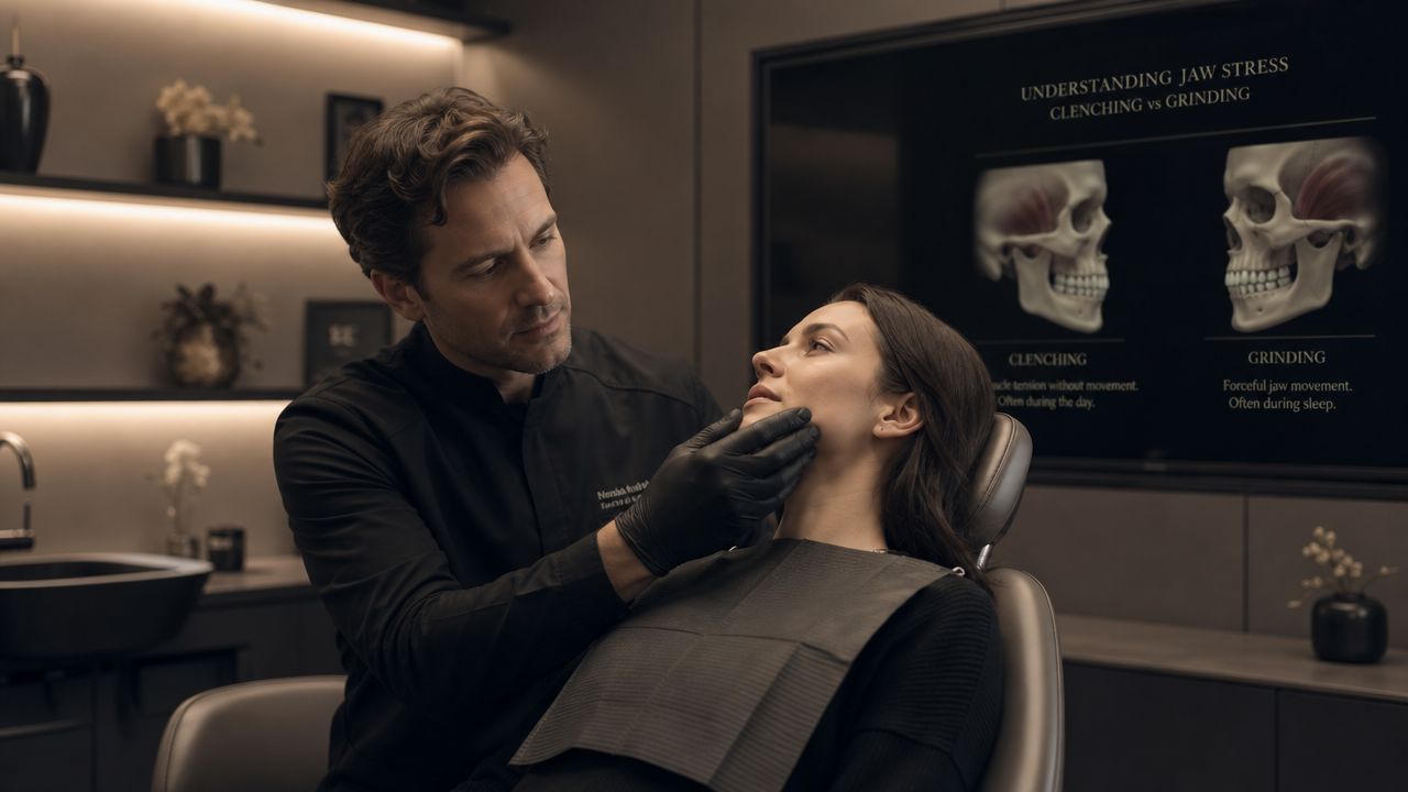 A professional dentist examining a female patient's jaw in a modern, well-lit dental consultation office.