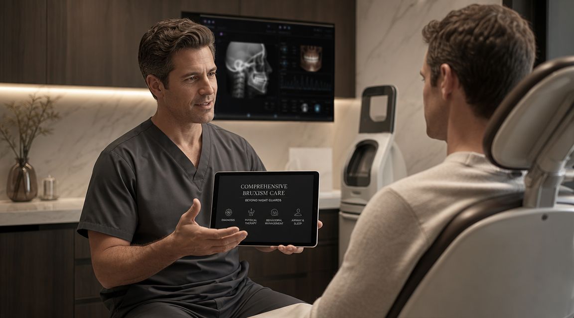 A dentist explaining comprehensive bruxism care and treatment options to a patient using a digital tablet.