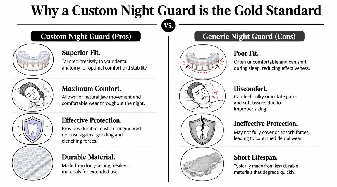 A comparison infographic showing the benefits of custom night guards over generic store-bought ones for teeth grinding.