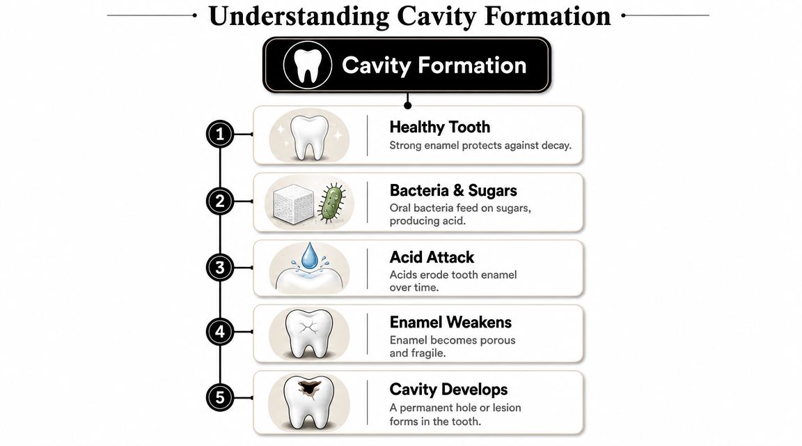 A step-by-step infographic illustrating the five stages of how tooth decay and cavities develop over time.