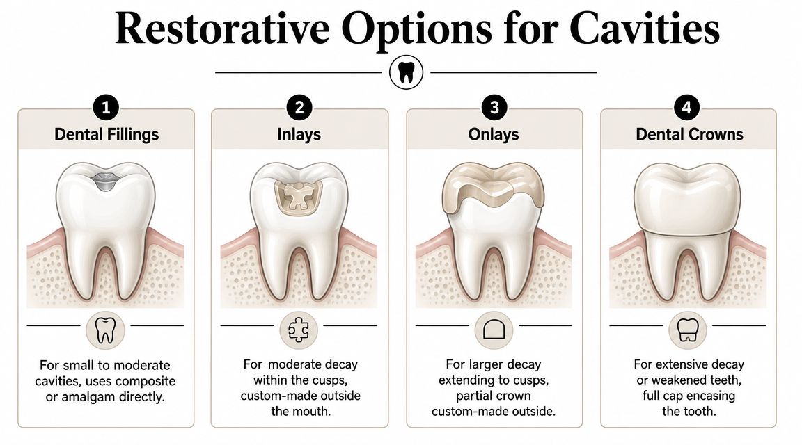 A diagram illustrating four different dental restorative options for cavities: fillings, inlays, onlays, and dental crowns.