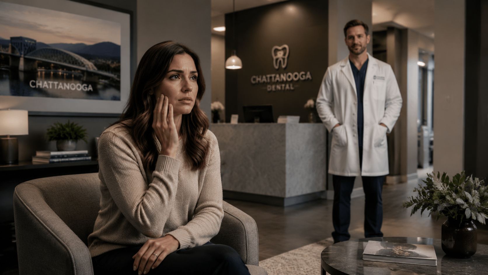 A concerned patient holding her cheek while sitting in a modern dental office waiting area.