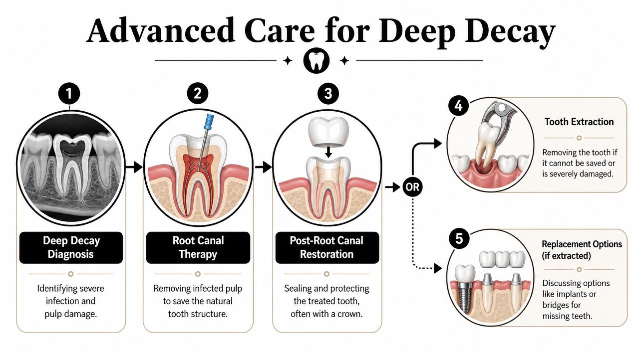 A dental infographic explaining the process of deep cavity treatment, from diagnosis to root canal and restoration.
