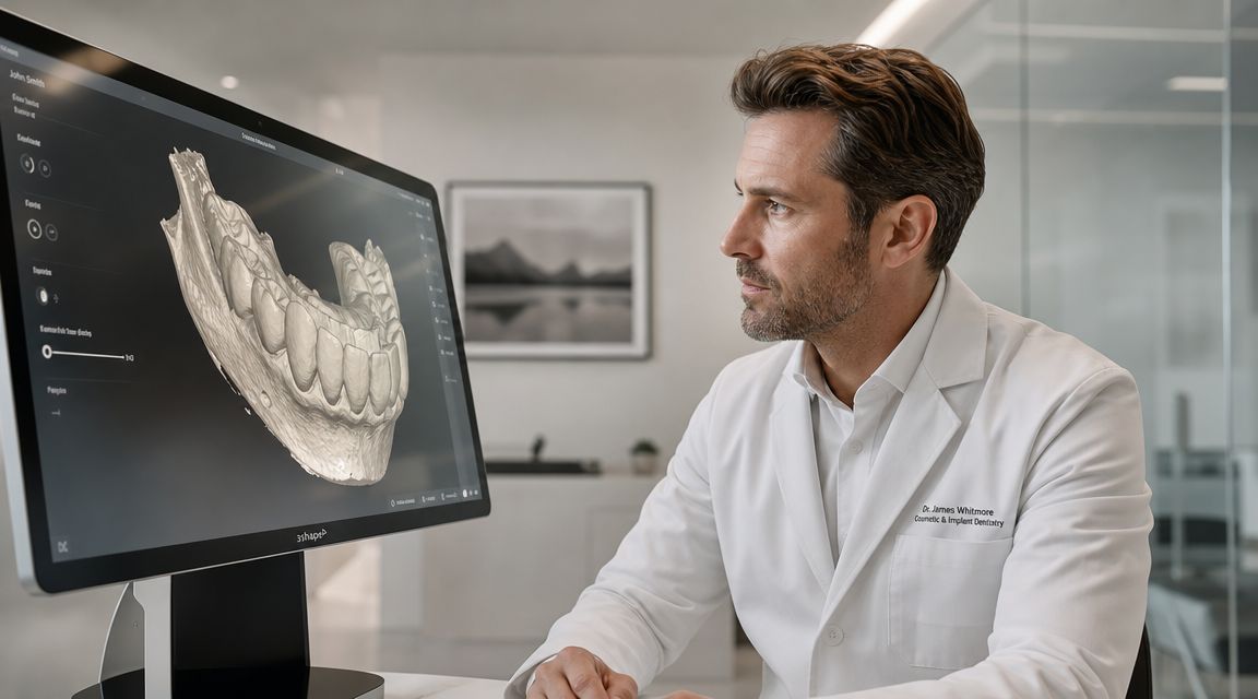 A professional dentist looking at a digital 3D model of teeth on a computer monitor in his office.