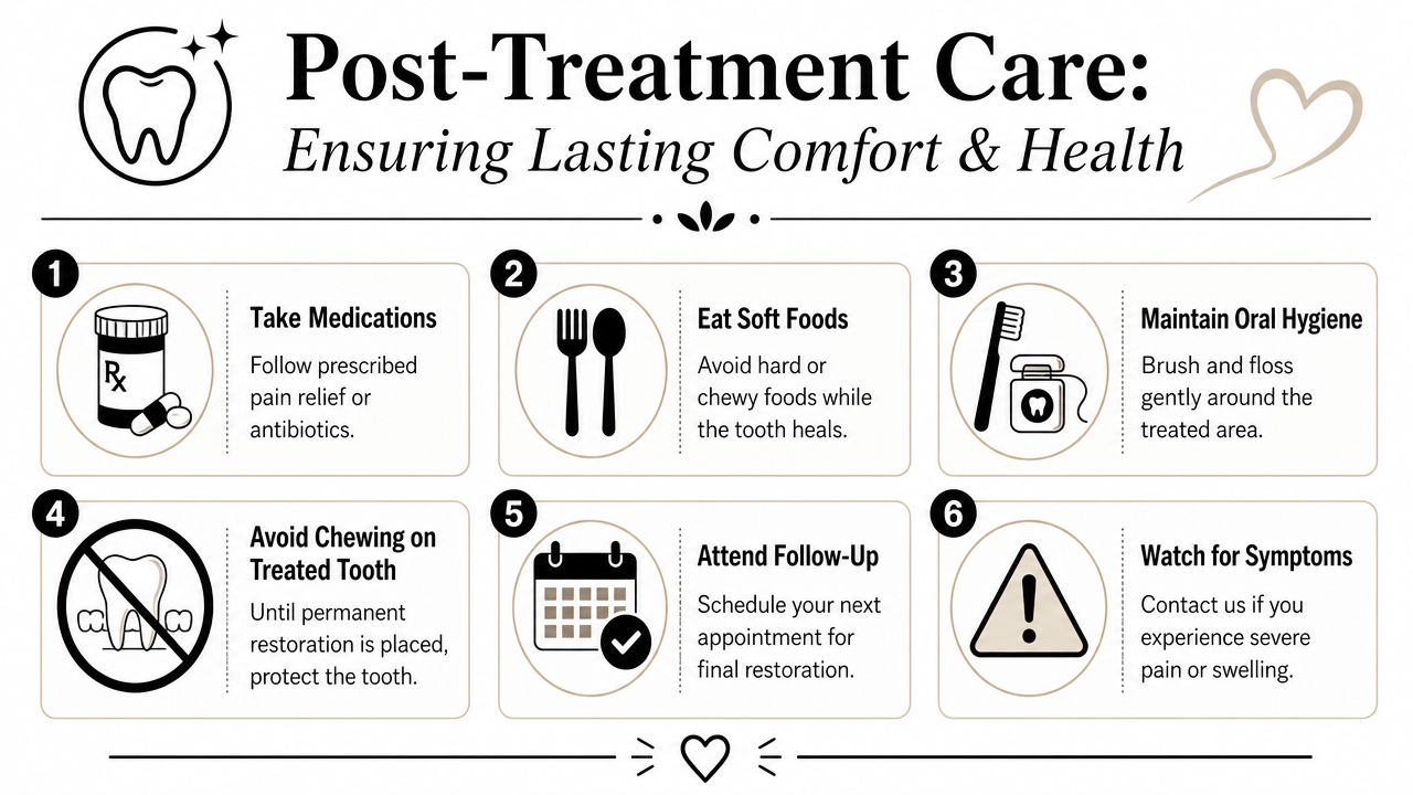 An infographic titled Post-Treatment Care listing six essential steps for dental recovery after a procedure.