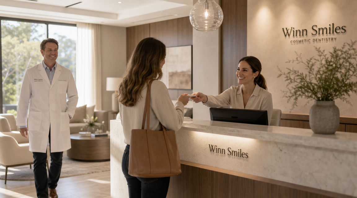 A smiling patient at the front desk of a modern cosmetic dentistry office, with a dentist nearby.