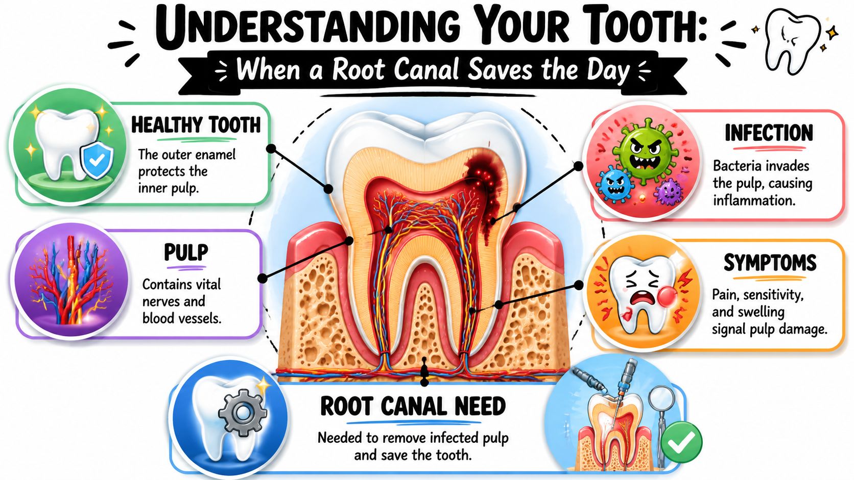 A detailed infographic explaining the stages of tooth infection and the necessity of a root canal procedure.