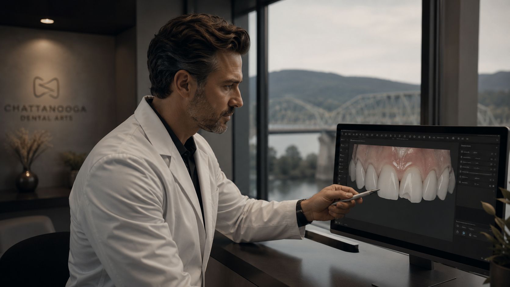 A professional dentist sitting in his office examining a digital 3D model of teeth on a monitor.