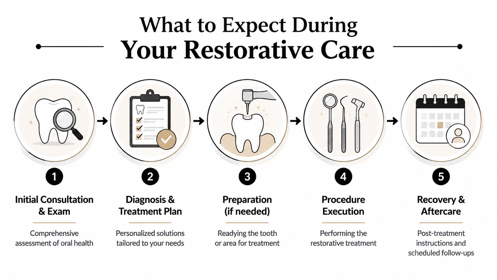 A five-step infographic showing the restorative dentistry process from initial consultation to recovery and aftercare.