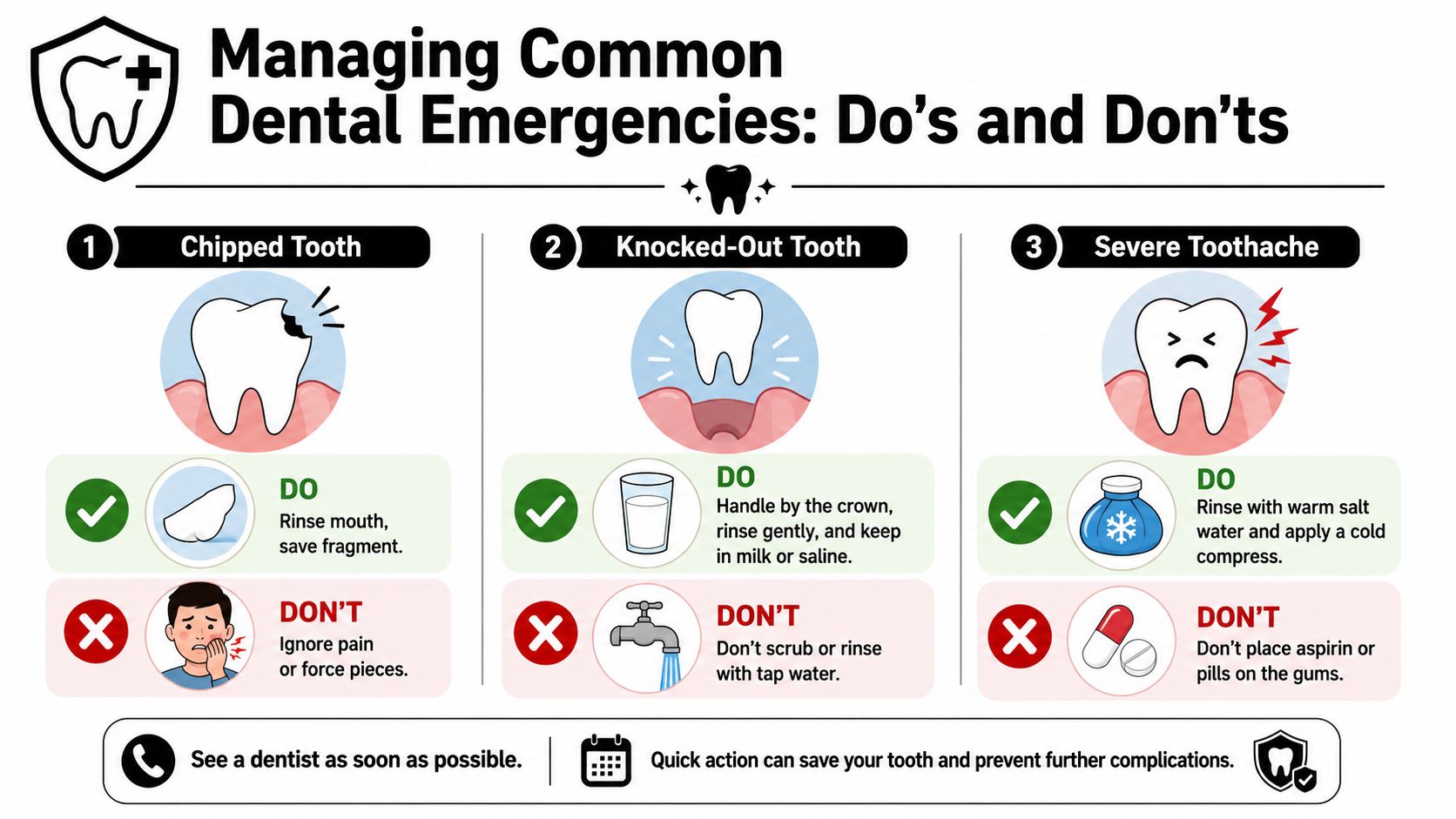 A helpful infographic outlining the proper do's and don'ts for managing common dental emergencies like chipped or knocked-out teeth.