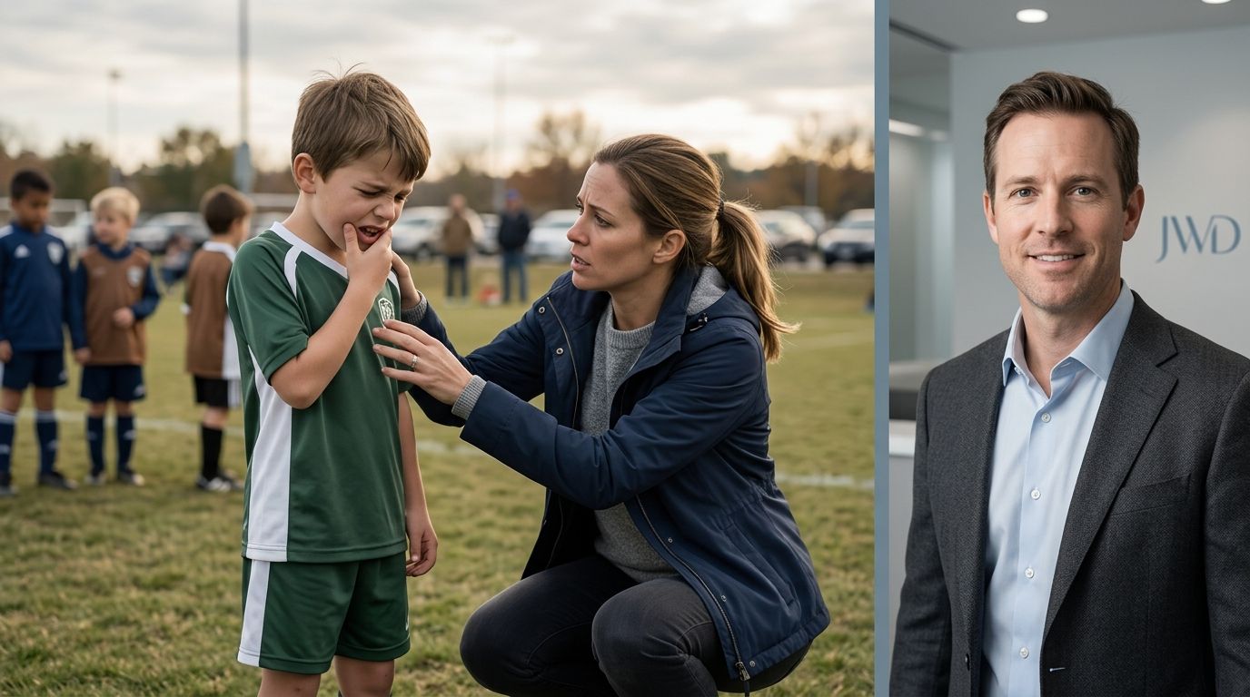 A distressed young boy on a soccer field receiving comfort from his mother after a dental injury.