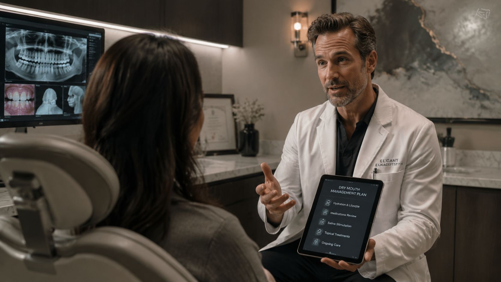 A professional dentist discussing a dry mouth management plan with a patient using a digital tablet.