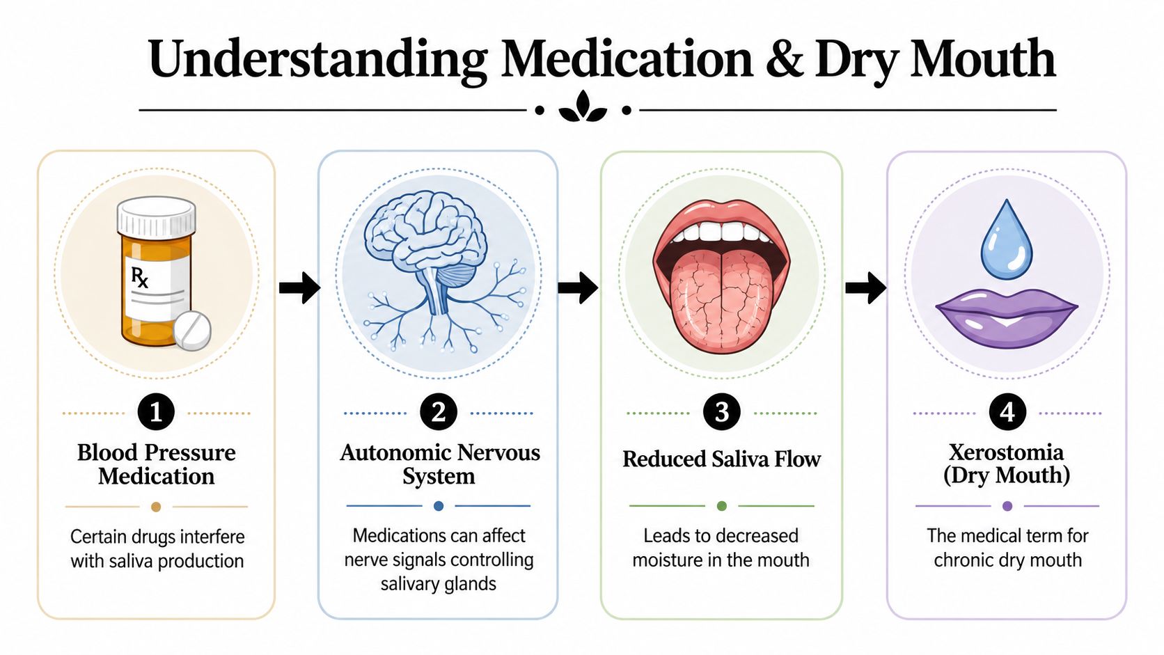 An infographic showing how blood pressure medication causes dry mouth through the autonomic nervous system.