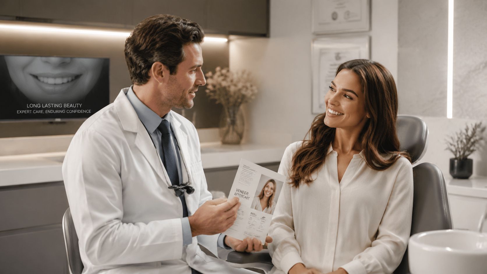 A male dentist explaining veneer aftercare instructions to a female patient during a dental consultation in a modern office.