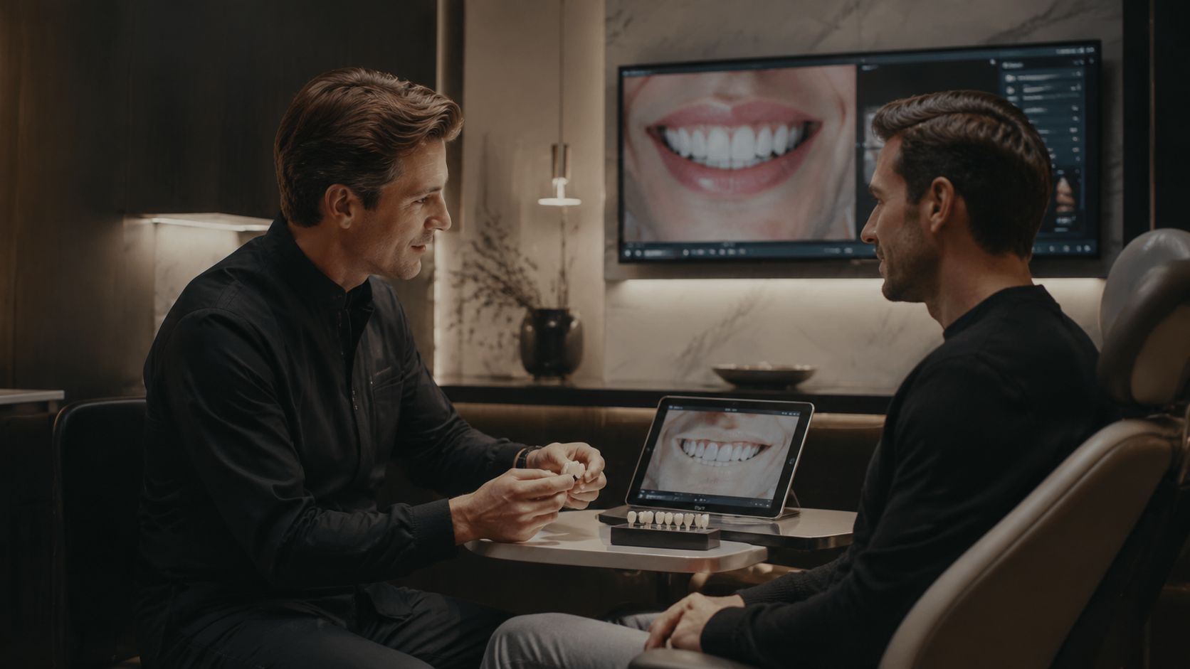 A professional dentist discussing dental veneer treatment options with a patient in a modern clinical office.
