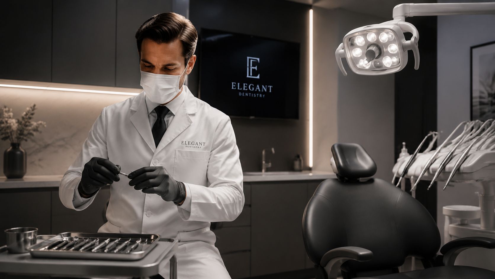 A professional dentist in a white coat and mask holding tools in a modern dental office environment.