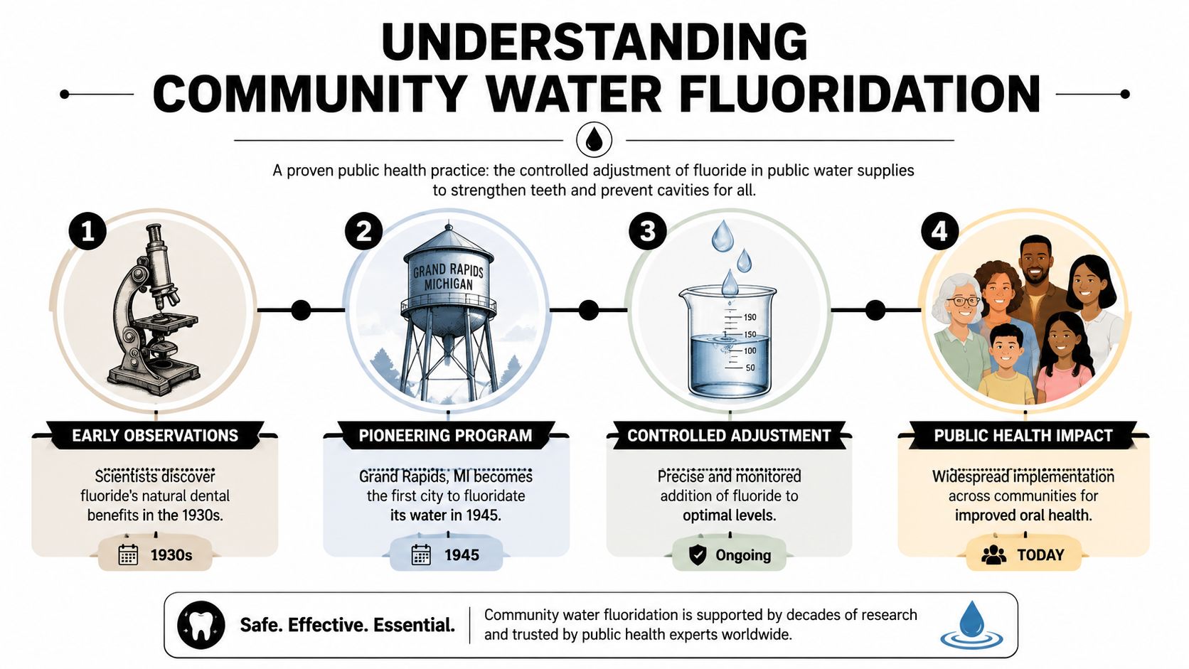 An infographic titled Understanding Community Water Fluoridation explaining the history and public health impact of fluoridated water.