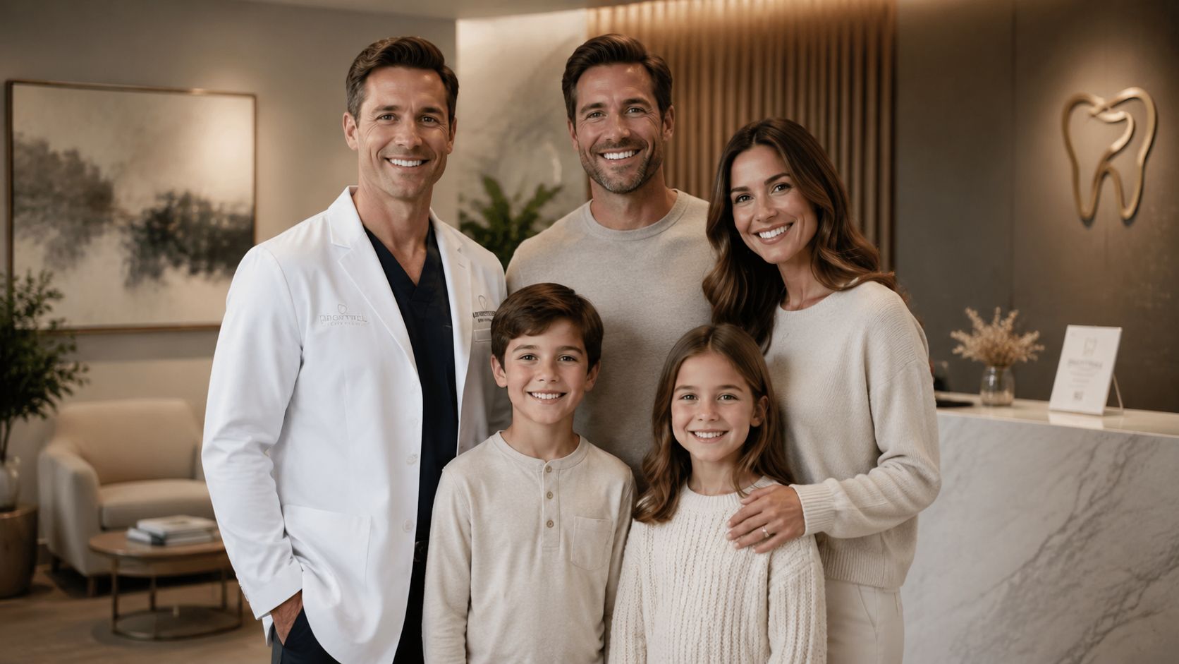 A friendly dentist and a happy family standing in a modern, welcoming dental office reception area.