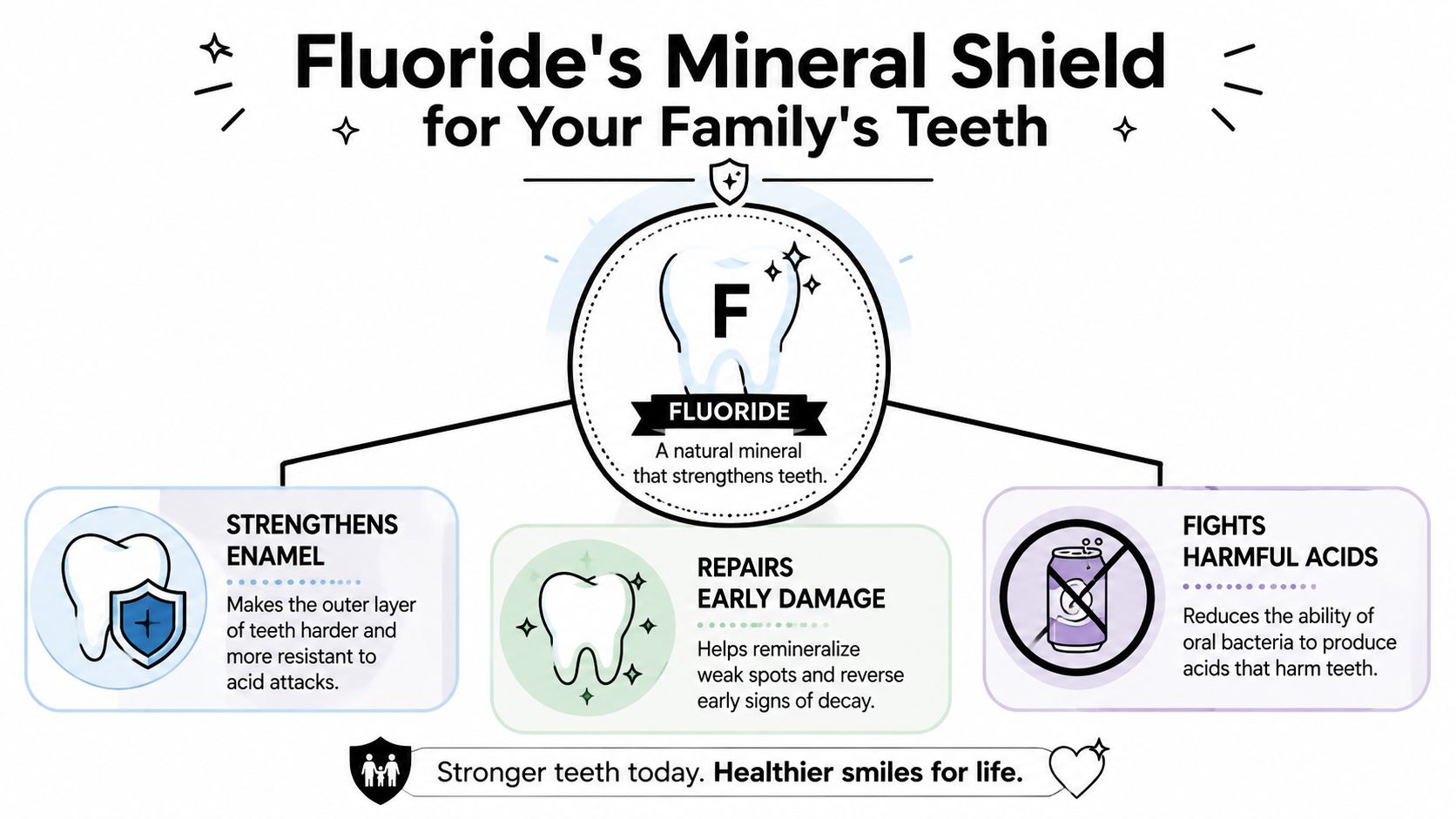An infographic explaining how fluoride strengthens enamel, repairs early decay, and fights harmful acids for healthier teeth.