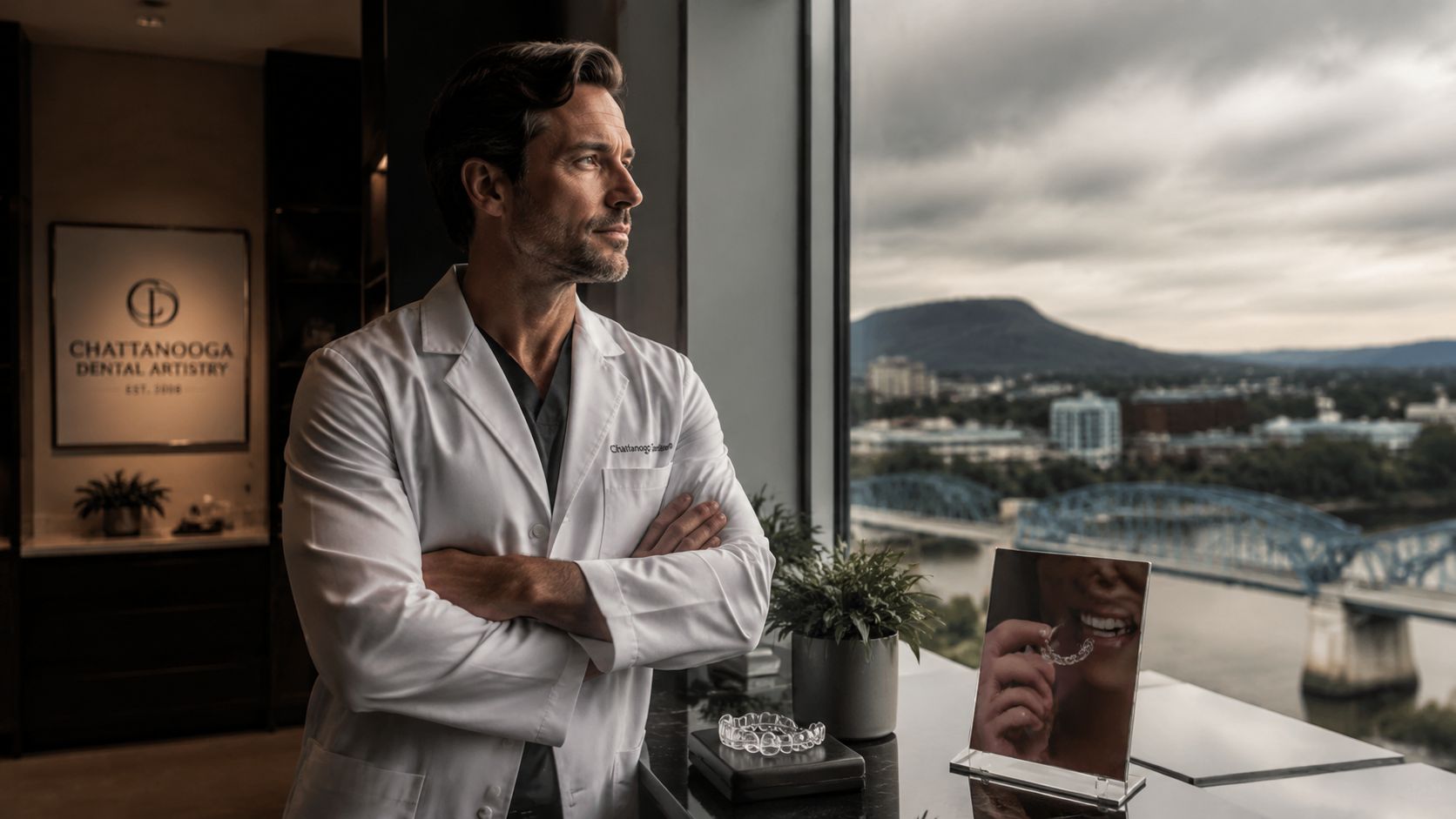 A professional dentist looking out a window at a cityscape next to an Invisalign display setup.