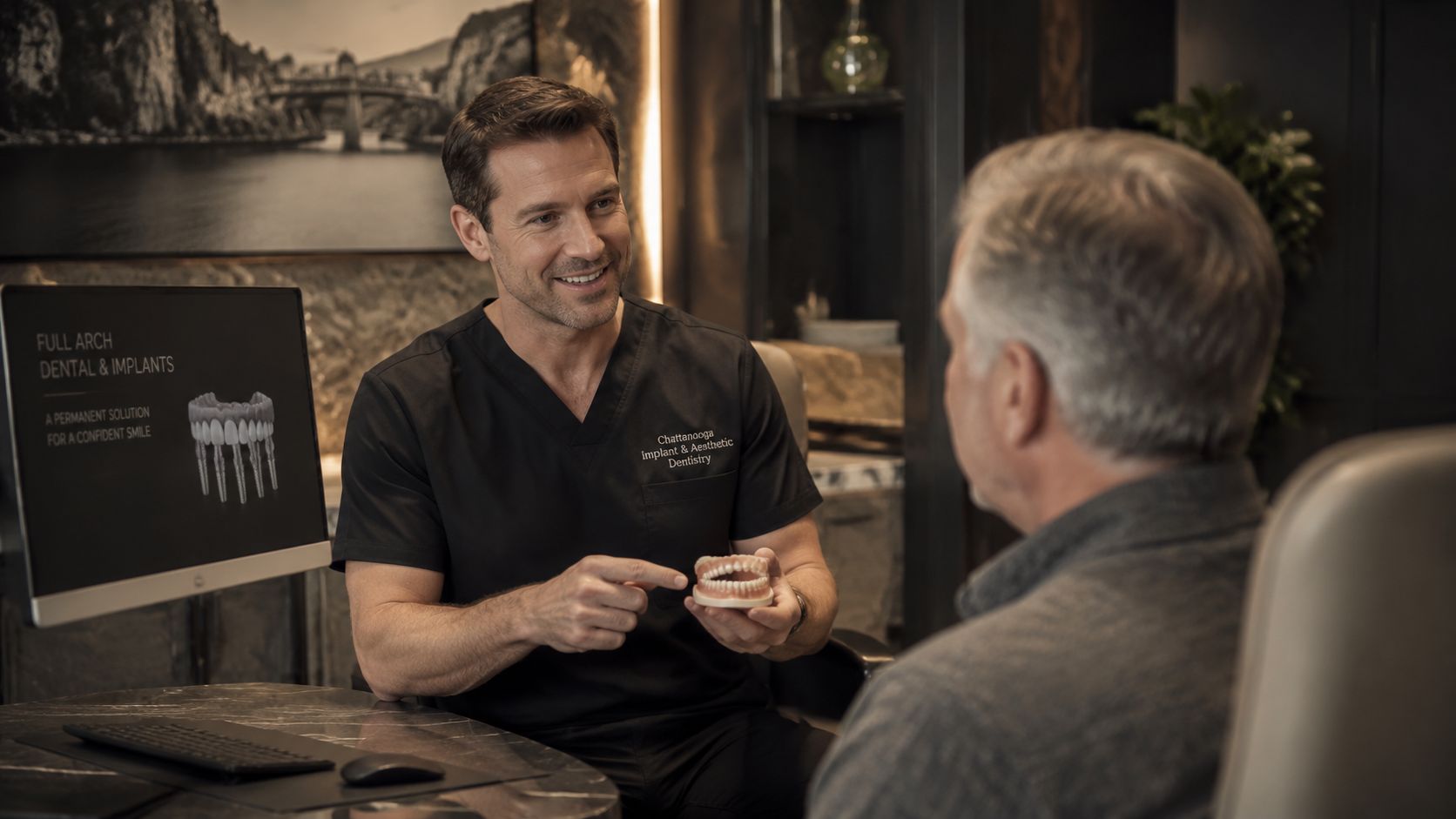 A professional dentist discussing full arch dental implant procedures with an older patient using a model.