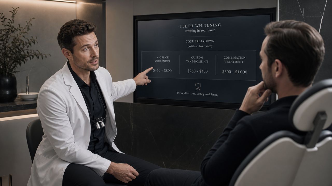 A male dentist explains teeth whitening treatment cost options on a screen to a male patient.
