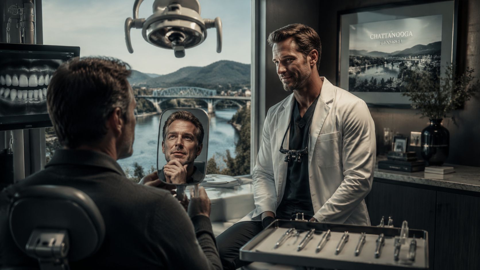 A dentist explains a smile transformation to a patient holding a mirror in a modern clinic.