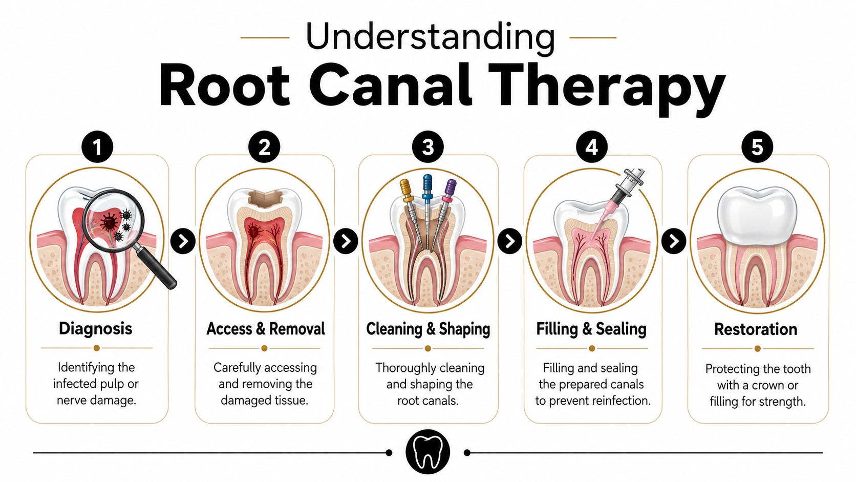 A five-step infographic illustration explaining the dental procedure of root canal therapy from diagnosis to restoration.