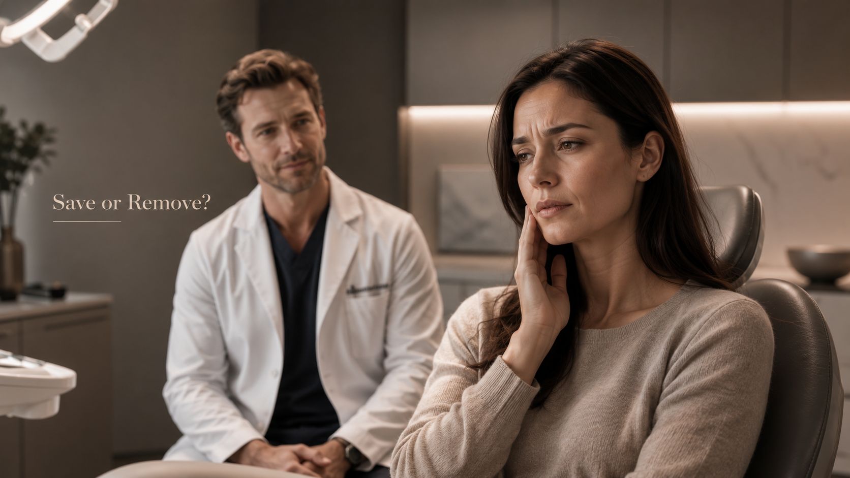 A concerned patient consults with her dentist about whether to save or extract her tooth.