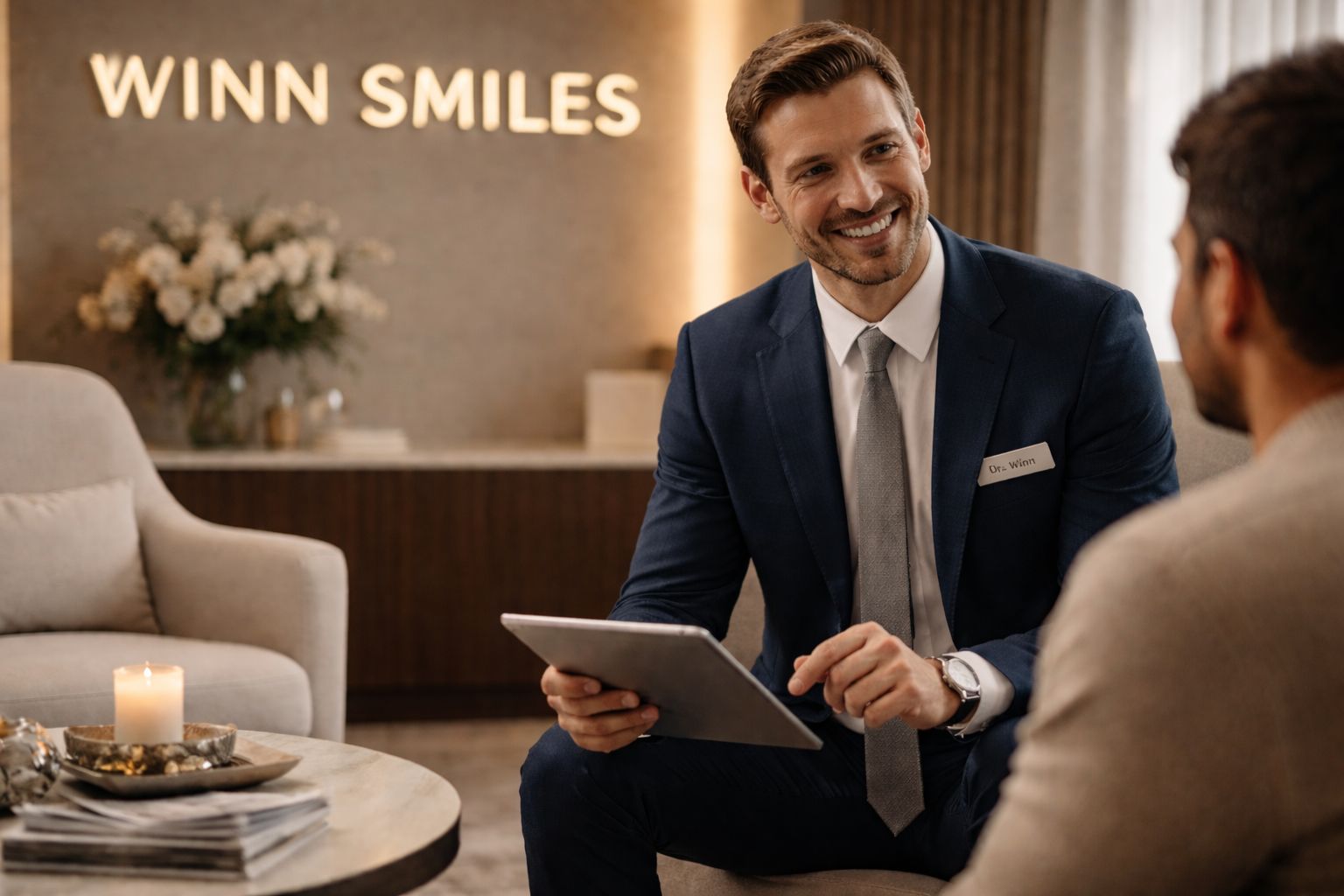 A professional dentist discussing a treatment plan with a patient in a modern, elegant consultation office.