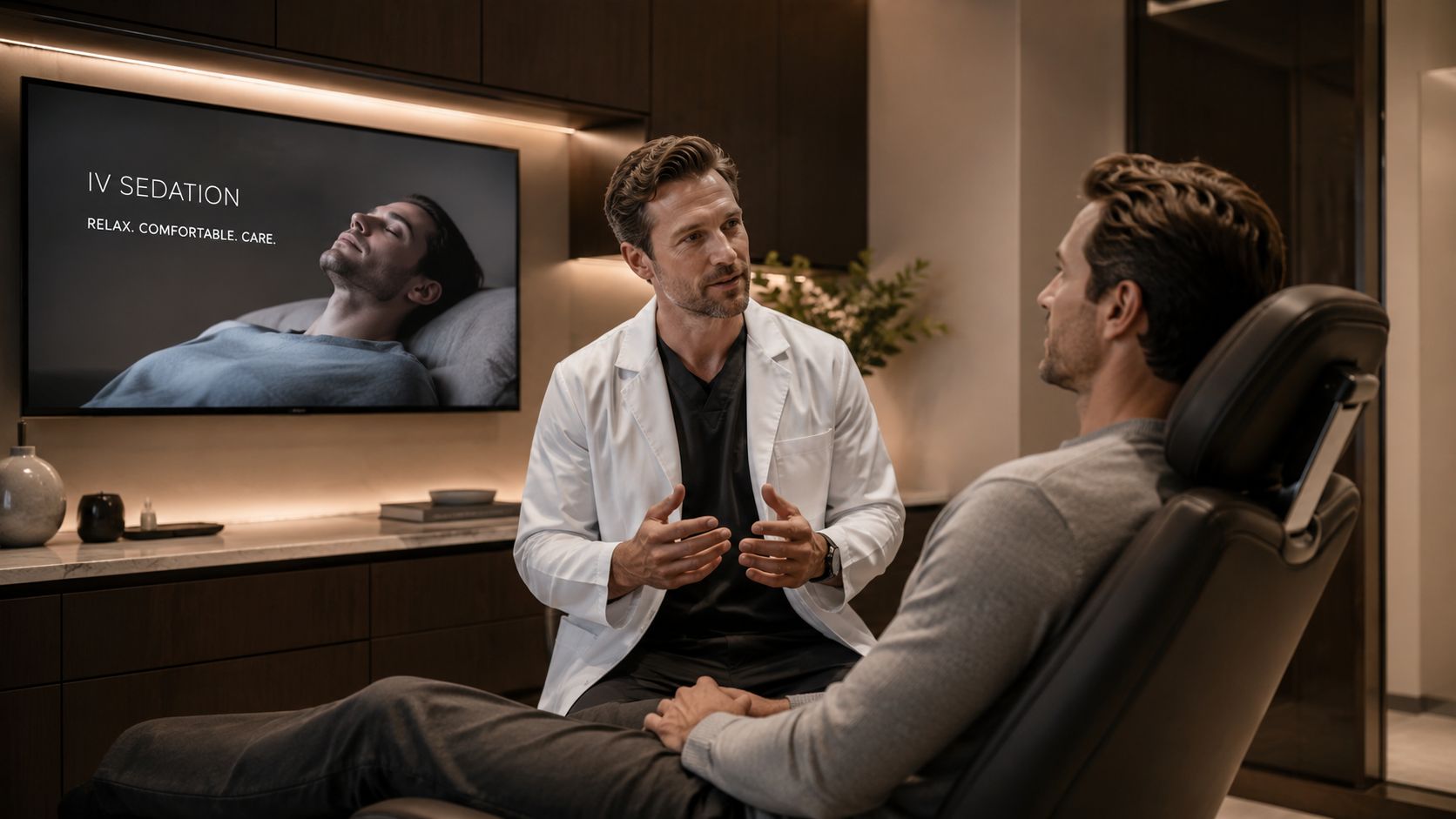A professional dentist discussing IV sedation treatment options with a patient in a modern dental office clinic.