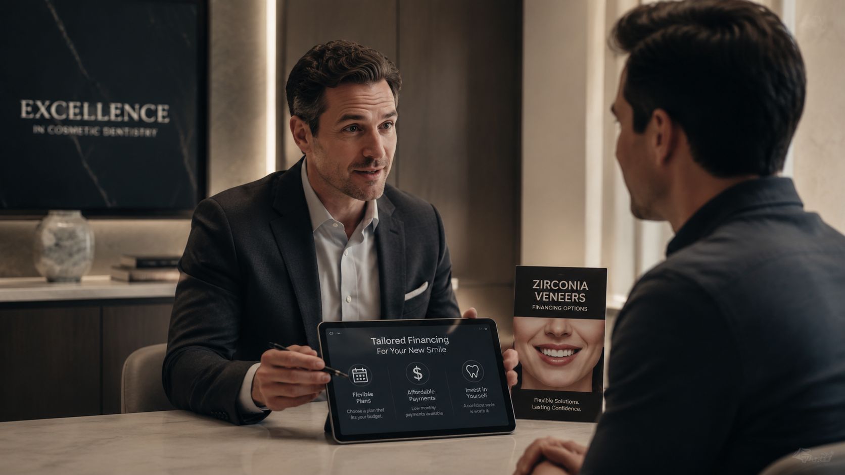 A professional dentist discussing Zirconia veneers financing options with a patient in a modern dental office.