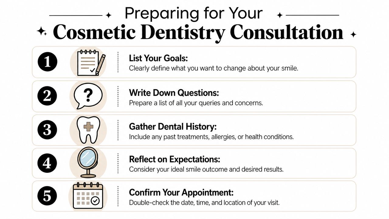 An infographic titled Preparing for Your Cosmetic Dentistry Consultation listing five steps for dental patients.