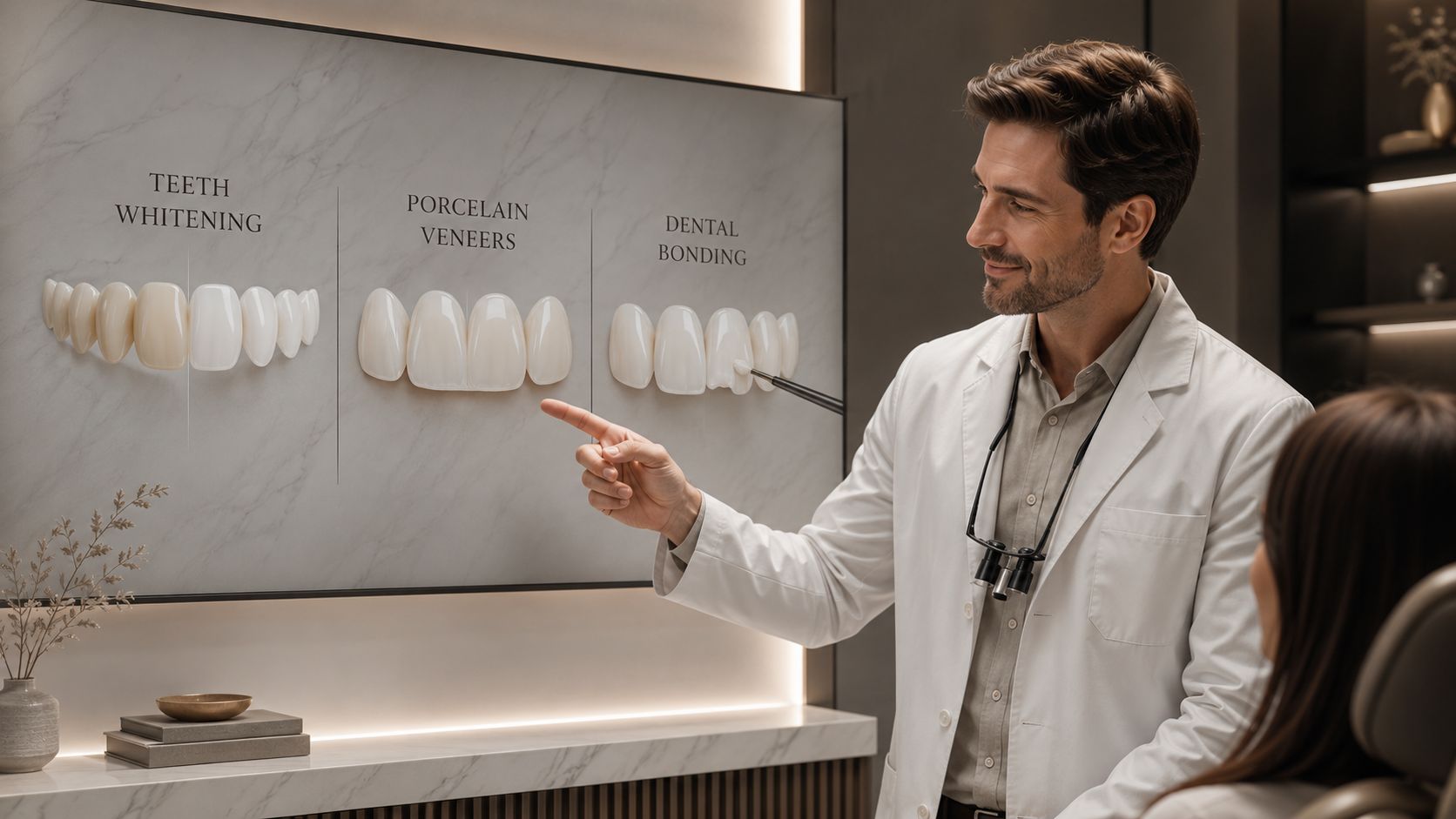 A professional dentist explaining cosmetic dental procedures like whitening and veneers to a patient in a modern office.