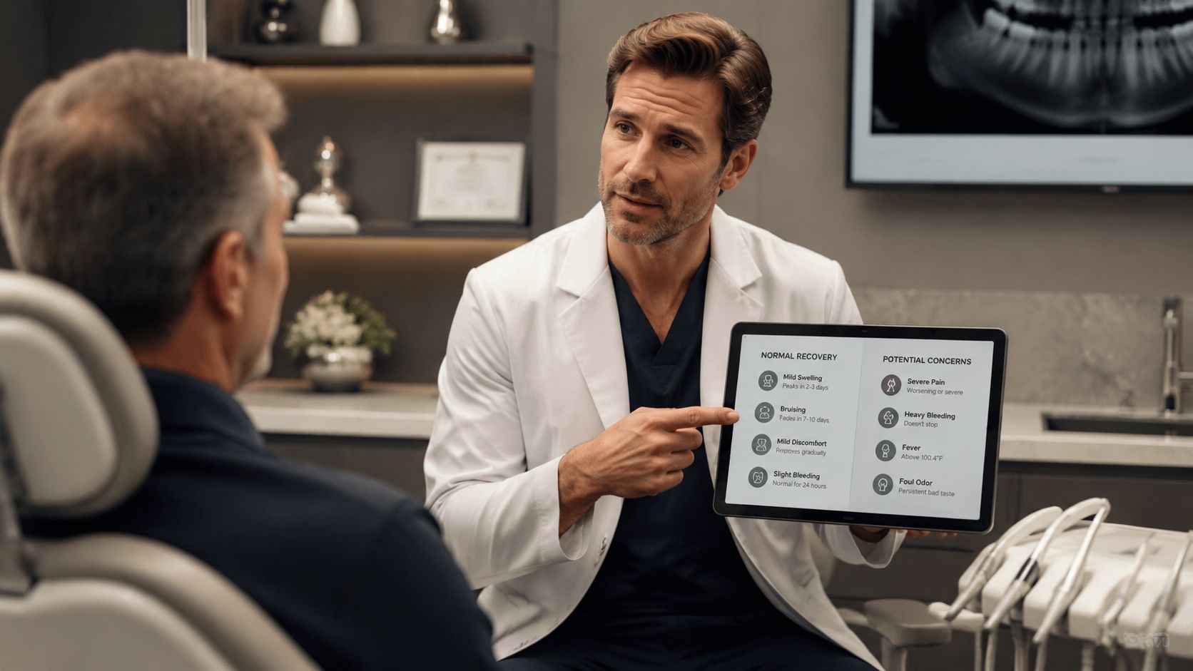 A dentist shows a patient a tablet screen explaining normal recovery symptoms and potential dental surgery concerns.