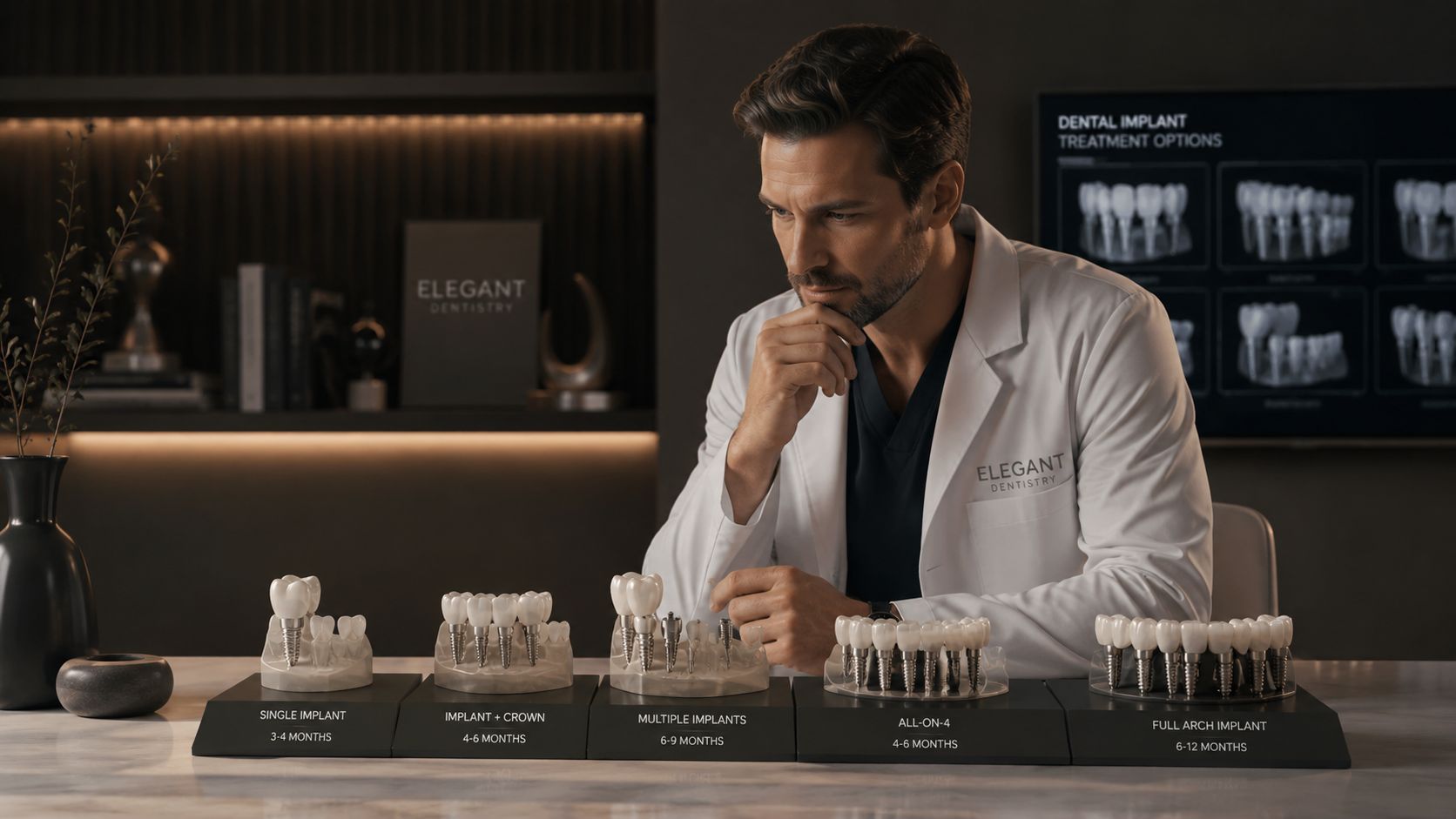 A professional dentist reviewing different dental implant treatment options with clear anatomical models displayed on his desk.