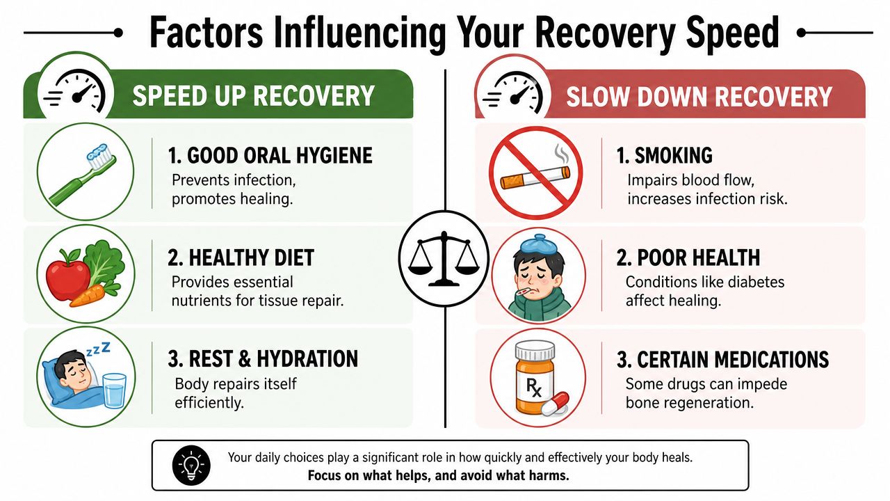 An infographic showing factors that speed up or slow down the human body's post-surgery recovery process.