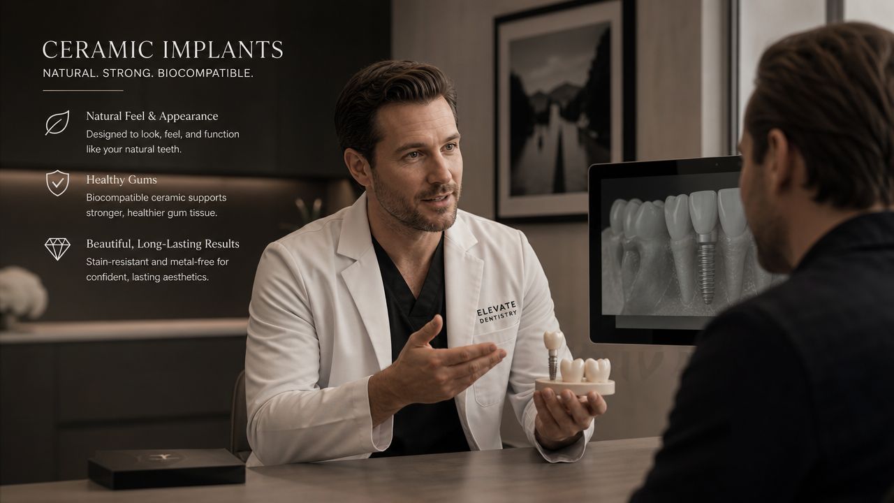 A dentist explaining the benefits of ceramic implants to a patient in a professional clinical setting.